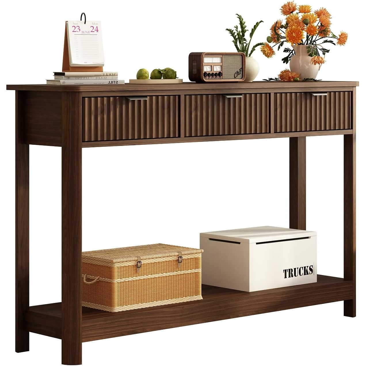 Desk Setup Minimalist - Fluted Wood Console Table with 3