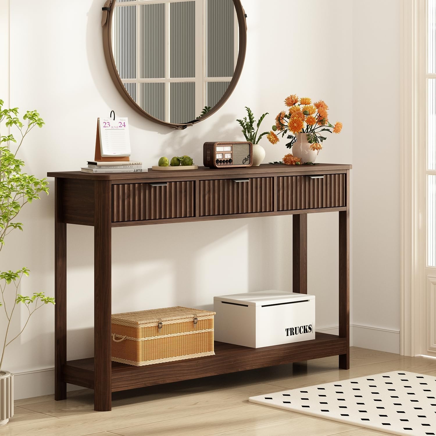 Fluted Wood Console Table with - Desk Setup Minimalist 评论和价格